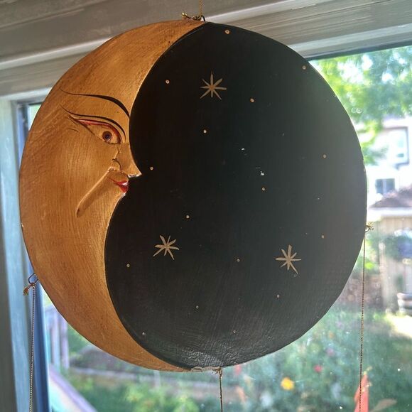 Hand Carved Wooden Star and Moon Ornament Mobile Vintage 90s Indonesia 28.5" - Picture 6 of 16